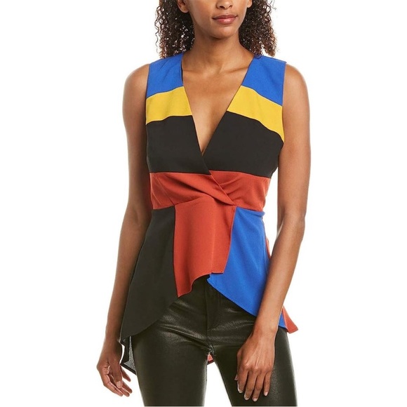 BCBGMaxAzria Colorblock Faux Wrap Asymmetrical Peplum Top Tunic Blouse / Sz M - Picture 2 of 15